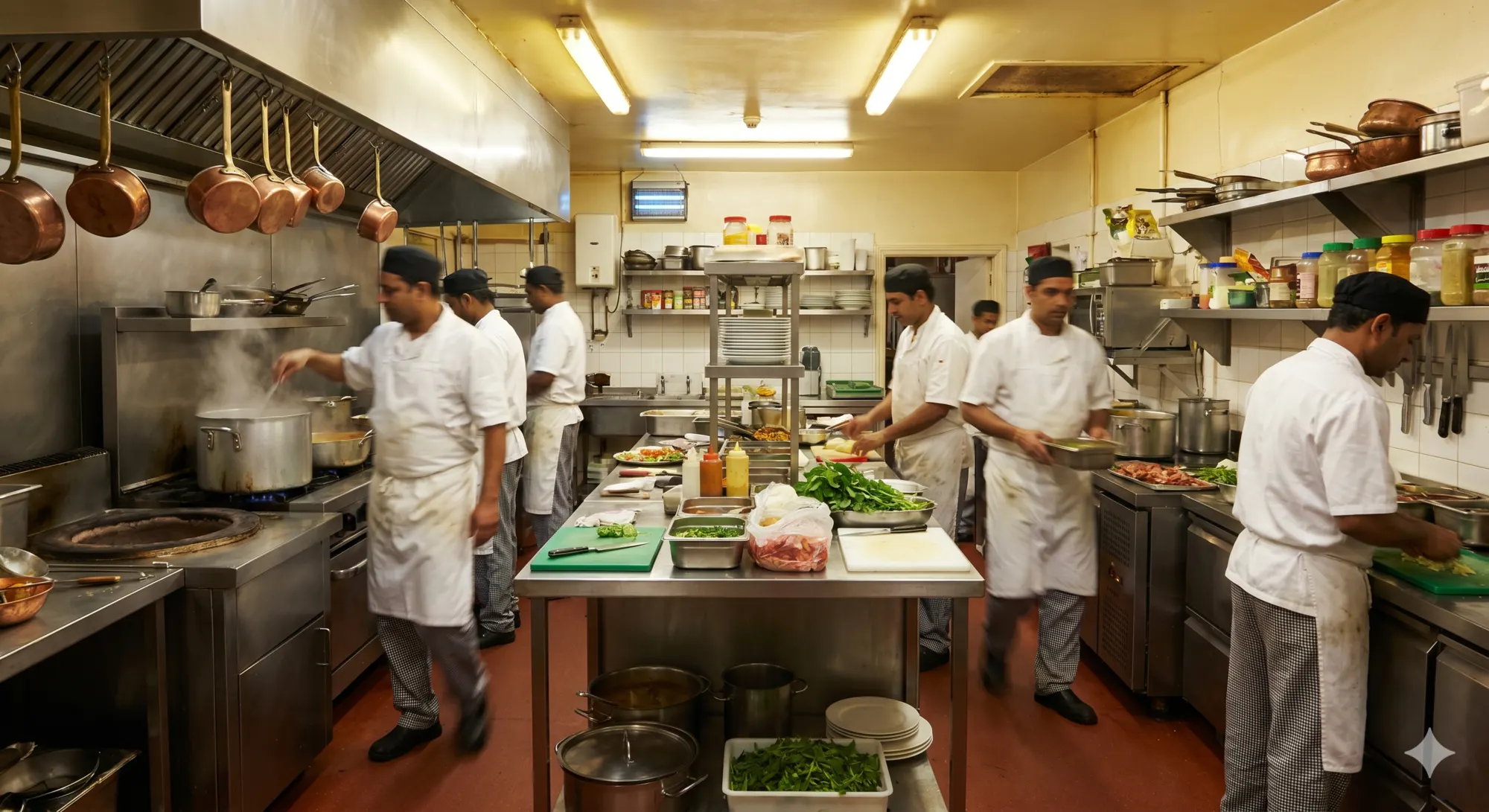 Bustling commercial restaurant kitchen with multiple cooks at work — Motso Konya supplies ready-to-cook products to professional kitchens, hotels and cloud kitchens across Kolkata